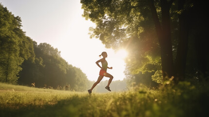 A girl is running, a young woman is jogging against the backdrop of the forest and the sun