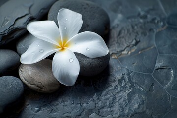 Wall Mural - White frangipani flower on grey stone symbolizing spa wellness and harmony