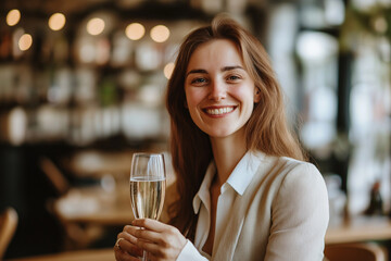 Wall Mural - A woman is smiling and holding a glass of champagne