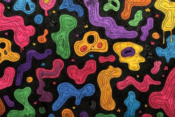 Abstract Pattern with Multicolored Organic Shapes on a Black Background