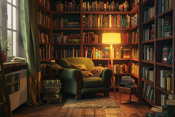 Canvas Print - Cozy Reading Nook with Bookshelves and Inviting Armchair