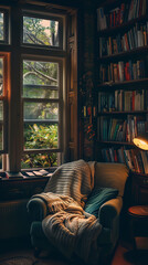 Poster - Cozy Reading Nook with Bookshelves and Inviting Armchair