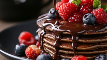 Poster - A close-up of chocolate drizzling over a stack of pancakes, garnished with fresh berries, emphasizing the delightful combination of flavors for a sweet breakfast.