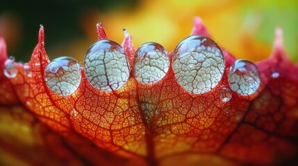 Canvas Print - Dewdrops on a Red Leaf with Visible Veins