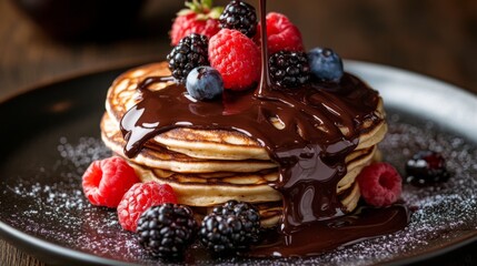 Poster - A close-up of chocolate drizzling over a stack of pancakes, garnished with fresh berries, emphasizing the delightful combination of flavors for a sweet breakfast.