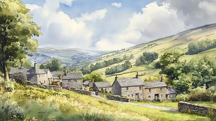 Wall Mural - Watercolor Painting of Stone Cottages in a Rural Valley.