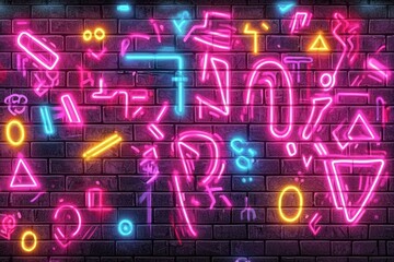 Wall Mural - Abstract Neon Shapes on Brick Wall