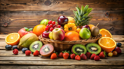 Fresh assorted fruits on wooden table , healthy, organic, ripe, juicy, nutrition, colorful, vibrant, tropical, summer