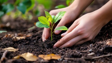 Aufkleber - A close-up of hands carefully planting a small tree sapling in rich soil, surrounded by fallen leaves and twigs, showcasing the beauty of nature and conservation efforts.