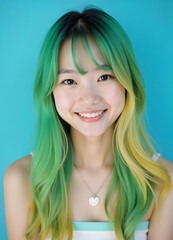 Wall Mural - Smiling toward the camera, a young Asian girl with dyed hair that is bright green and yellow is positioned against a teal blue background.