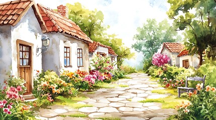 Wall Mural - Watercolor painting of a cobblestone path leading to a small village with colorful flowers.