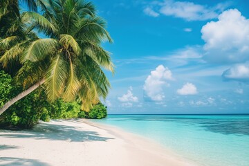 A beautiful beach with a palm tree in the foreground