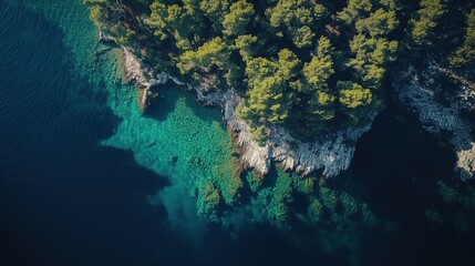 Wall Mural - A beautiful blue ocean with a rocky shoreline and trees in the background