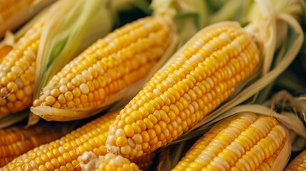 Wall Mural - A close-up view of fresh, golden corn on the cob, showcasing its plump kernels and natural texture.