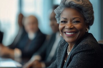 Wall Mural - A woman with a big smile on her face is sitting at a table with other people