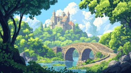 Canvas Print - A Stone Bridge Leading to a Medieval Castle Amidst Lush Greenery