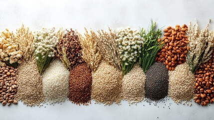 A vibrant display of various grains, seeds, and nuts arranged artistically.