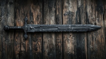 A medieval sword with a black blade and hilt lies on a weathered wooden surface.