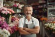 © MartaKlos - A smiling florist stands confidently in a vibrant flower shop filled with colorful blooms during daylight hours. Generative AI
