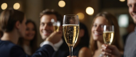 Two glasses of champagne held by a couple at a festive party, symbolizing celebration and togetherness