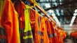 © VK Studio - A row of high-visibility orange safety jackets hangs in an industrial setting, ready for use in construction or work environments.