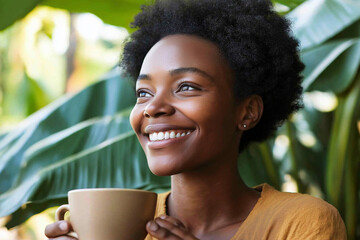 Wall Mural - A woman with a big smile is holding a cup