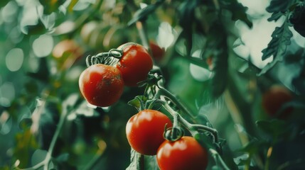 Wall Mural - Close-up of ripe, red tomatoes hanging on the vine with a lush green background, showcasing their freshness and vibrant color.