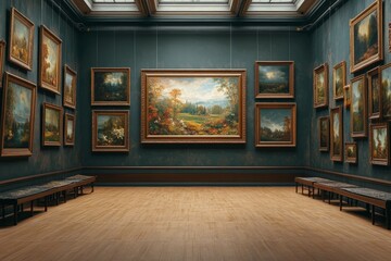 Wall Mural - Art Gallery with Paintings and Wooden Benches