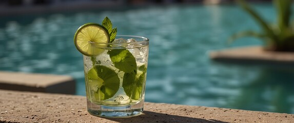 Refreshing mojito cocktail with lime and mint on a summer day by the pool or beach