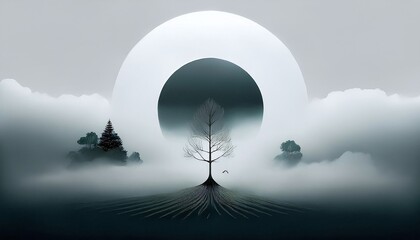 Wall Mural - abstract ring shape in foggy landscape