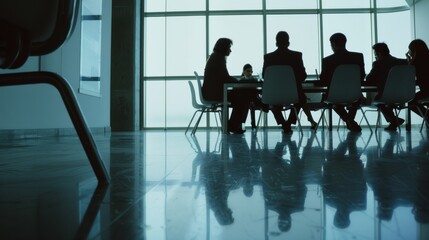 Sticker - Silhouetted figures in a formal meeting room, with a large window casting natural light, creating a professional, reflective ambiance.