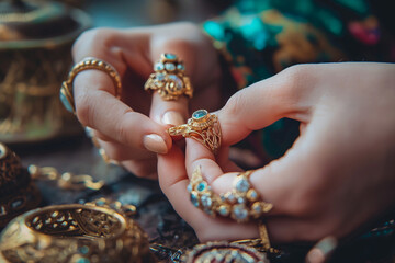 A woman is holding a ring with a blue stone in it