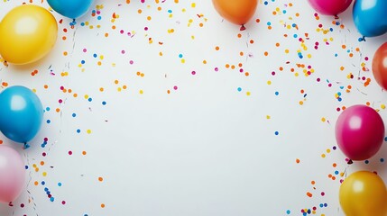 Colorful balloons and confetti on a white background, ideal for celebration and party themes.