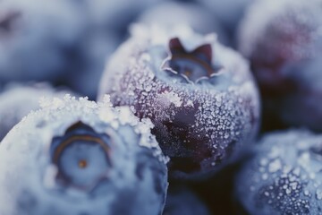 Poster - A close-up of frost-covered blueberries, emphasizing their cool, frosty texture and deep hues.