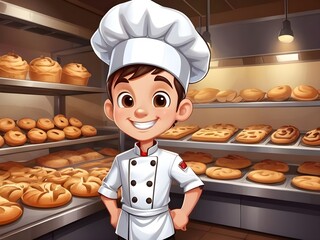 Bakery Chef Boy Smiling In Uniform Mascots Cartoon Art Illustration