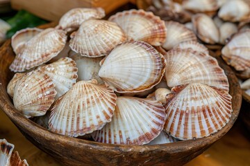 A bowl full of shells with a brown and white color