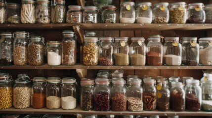 A collection of glass jars filled with various spices and grains neatly arranged on wooden shelves in a rustic kitchen setting.