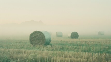 Poster - Dense fog envelops a quiet field with several large hay bales, giving the scenery a mysterious and ethereal atmosphere.