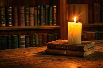 Sticker - Antique Books and Candlelight Setting in a Classic Library  