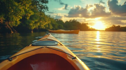 Kayaking on a calm river at sunset with the sun shining through the clouds.