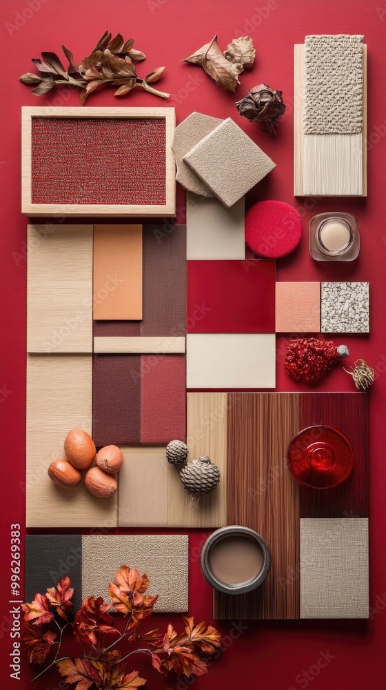 Luxury flat lay composition in wine red color palette with textile and ...