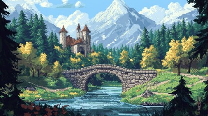 Sticker - Stone Bridge Leading to a Castle in a Mountain Valley