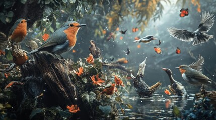 Poster - Robins and Butterflies in a Misty Woodland Scene