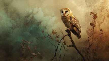 Sticker - A Barn Owl Perched on a Branch in a Mystical Forest Setting