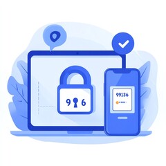Poster - Digital security concept with laptop and smartphone displaying locked symbols, blue color scheme, white background.