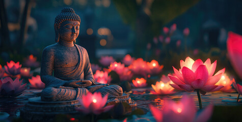 Buddha statue in lotus flowers, nighttime with glowing lights, calming, serene atmosphere