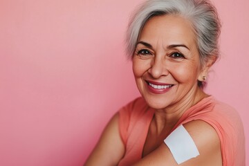 Wall Mural - A woman with a pink background is smiling and holding a bandage