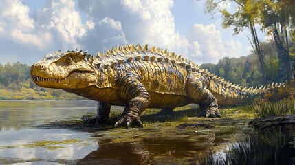 Poster - Golden Dinosaur by the Lake: A Prehistoric Fantasy