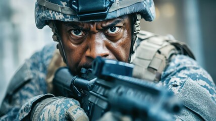 Close-up of a focused soldier aiming his rifle in an urban combat setting, ready for action and tactical operations.