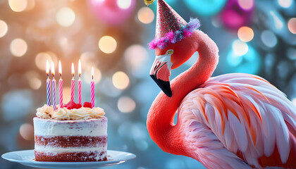 generative ai a portrait of a flamingo at its birthday party donning a festive hat and accompanied by a whimsical cake with candles